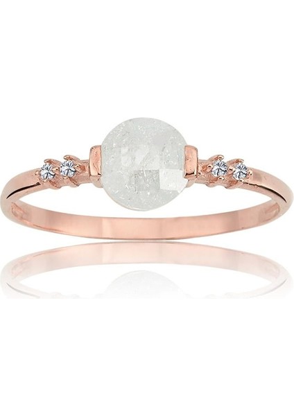 Altın Yüzük - 14 Ayar Altın Yuvarlak Beyaz Kristal Minimal Kadın Yüzük - Doğum Günü Hediyesi Yüzük