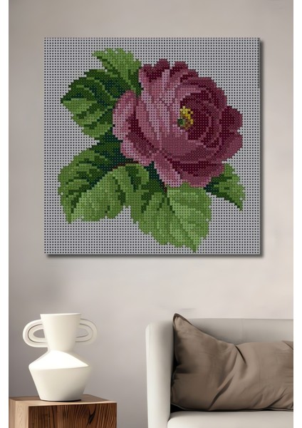 Ahşap Dekoratif Tablo Kanaviçe Çiçek Desenli Gül Bahçesi Dikdörtgen Tablo