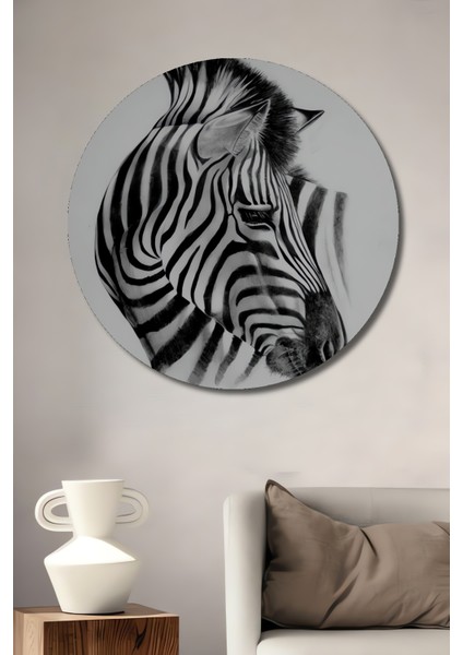Siyah Beyaz Zebra Kara Kalem Görünümlü Ahşap Dekoratif Tablo Yuvarlak Tablo