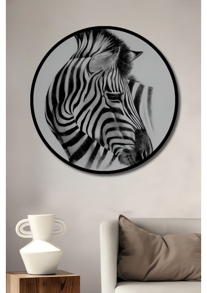 Siyah Beyaz Zebra Kara Kalem Görünümlü Ahşap Dekoratif Tablo Yuvarlak Tablo fiyatları