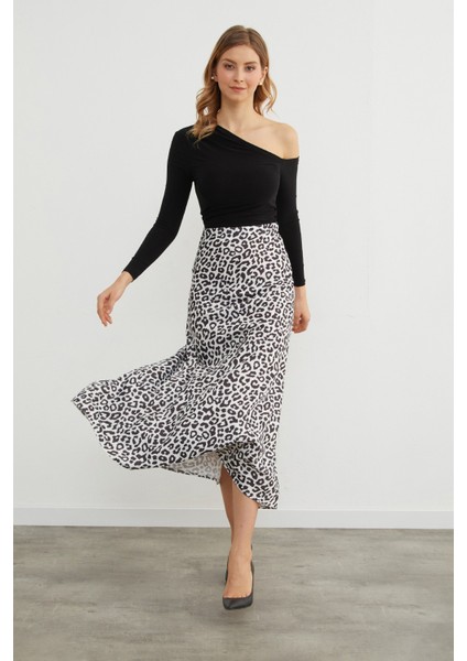 Beli Lastikli Leopar Desenli Midi Boy Saten Etek