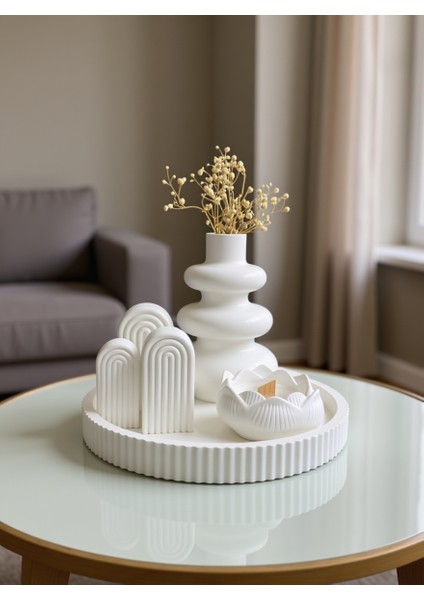 Modern Soft Dekor Seti – 6 Parça Beyaz Vazo - Mumluk Takımı ve Dekoratif Obje