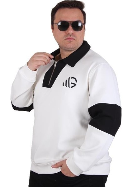 Büyük Beden Polo Yaka Fermuarlı Sweat Double Face 25709 Bej