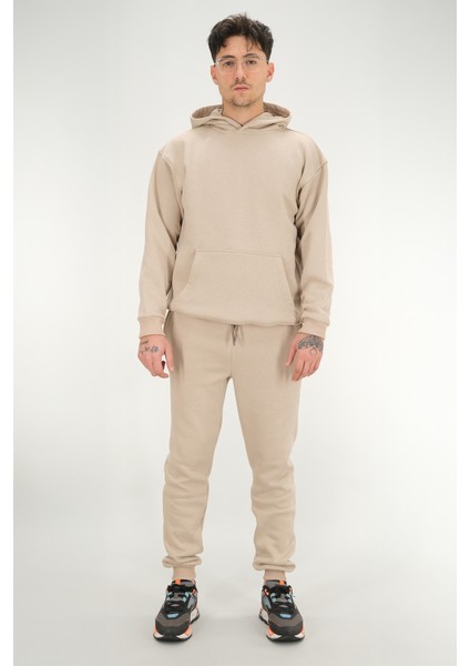 Erkek Bej Eşofman Takımı Rahat Kesim 3 Iplik Şardonlu Kapüşonlu Ipli Ribana Bel