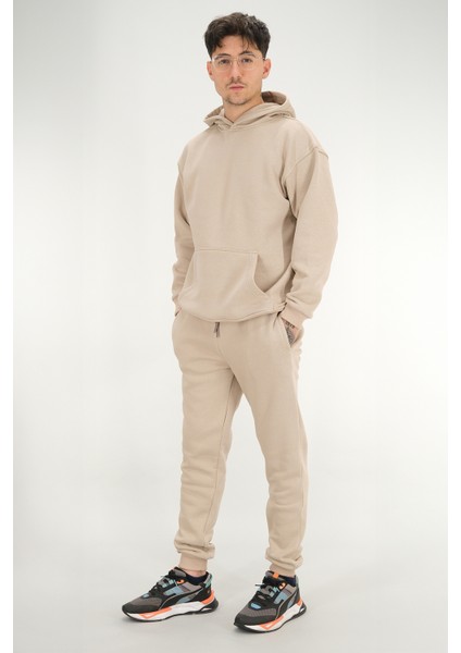 Erkek Bej Eşofman Takımı Rahat Kesim 3 Iplik Şardonlu Kapüşonlu Ipli Ribana Bel fiyatları