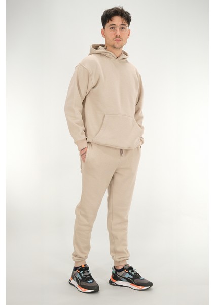 Erkek Bej Eşofman Takımı Rahat Kesim 3 Iplik Şardonlu Kapüşonlu Ipli Ribana Bel modelleri