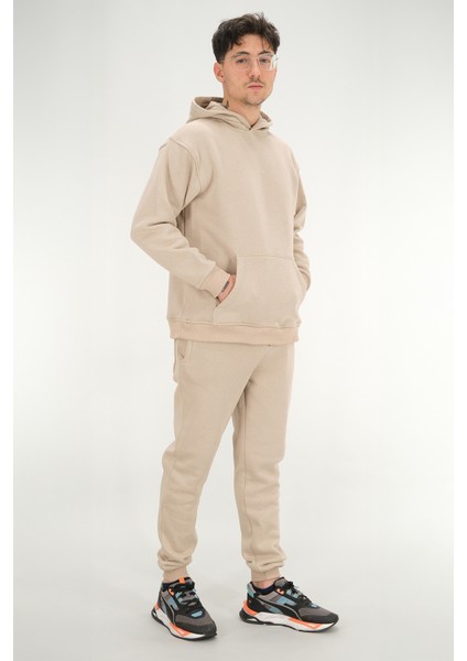 Erkek Bej Eşofman Takımı Rahat Kesim 3 Iplik Şardonlu Kapüşonlu Ipli Ribana Bel indirimleri