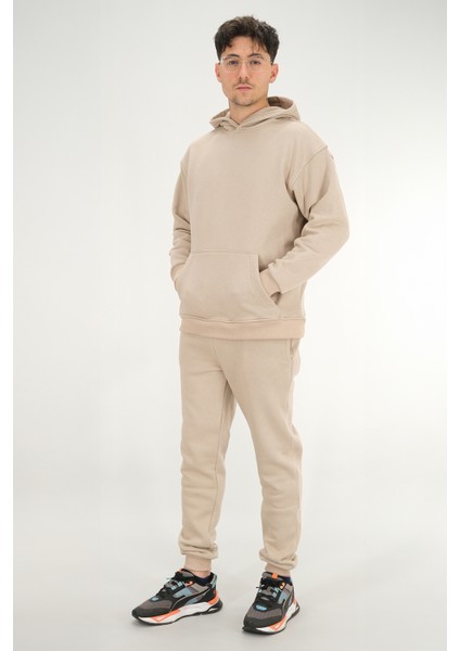 Erkek Bej Eşofman Takımı Rahat Kesim 3 Iplik Şardonlu Kapüşonlu Ipli Ribana Bel