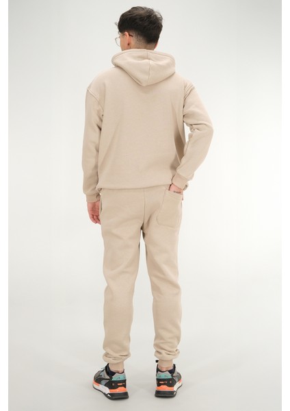 Erkek Bej Eşofman Takımı Rahat Kesim 3 Iplik Şardonlu Kapüşonlu Ipli Ribana Bel