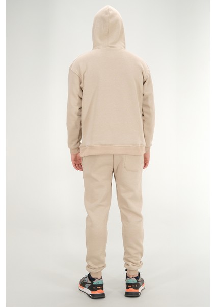 Erkek Bej Eşofman Takımı Rahat Kesim 3 Iplik Şardonlu Kapüşonlu Ipli Ribana Bel