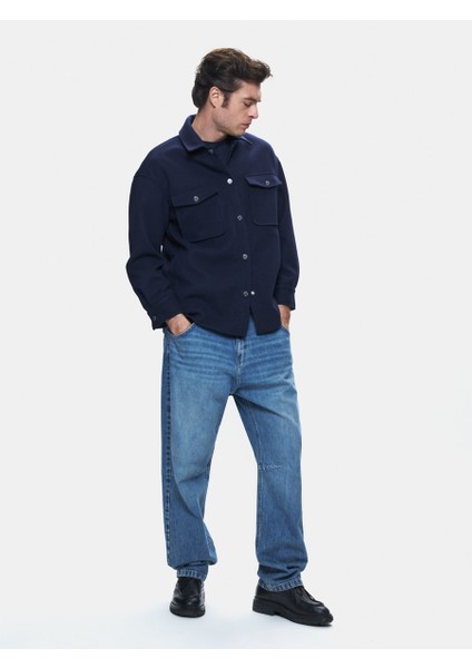 Uzun Kollu Önü Düğmeli Lacivert Ceket