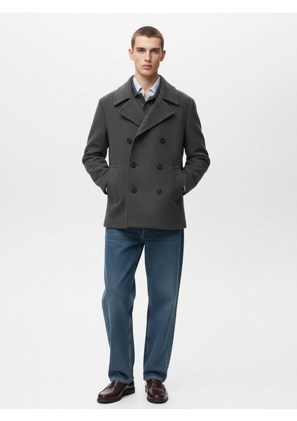 Uzun Kollu Çift Düğmeli Kaşe Antrasit Mont