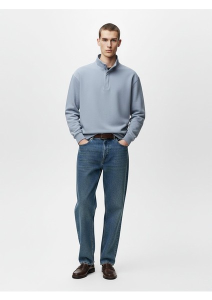 Uzun Kollu Yarım Fermuarlı Regular Mavi Sweatshırt
