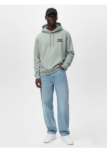 Uzun Kollu Kapüşonlu Slogan Baskılı Yeşil Sweatshırt