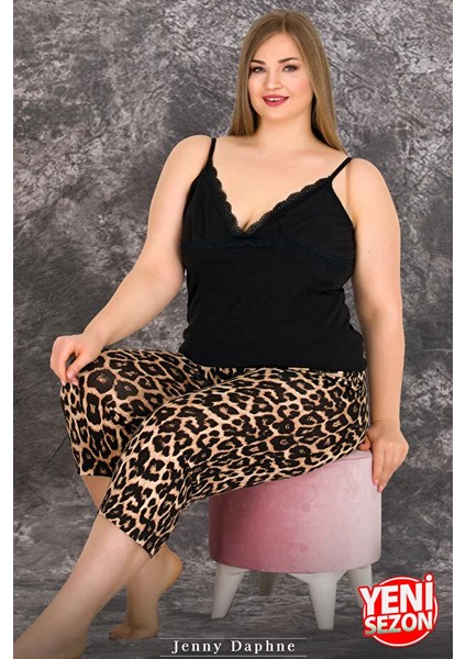 Lady Büyük Beden Leopar Desenli Askılı Yaka Kapri Pijama Takımı