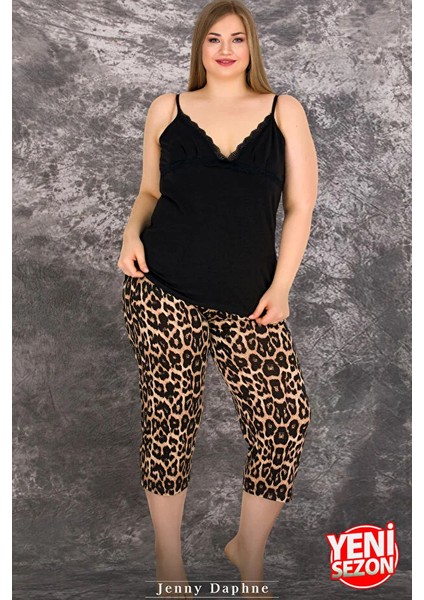 Lady Büyük Beden Leopar Desenli Askılı Yaka Kapri Pijama Takımı fiyatları