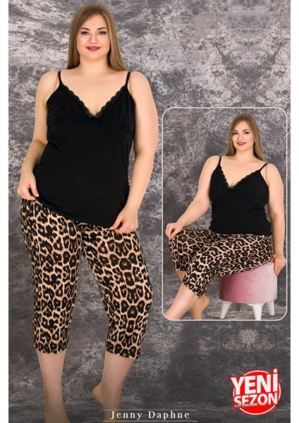 Lady Büyük Beden Leopar Desenli Askılı Yaka Kapri Pijama Takımı modelleri