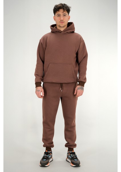 Erkek Kahverengi Eşofman Takımı Rahat Kesim 3 Iplik Şardonlu Kapüşonlu Ipli Ribana Bel