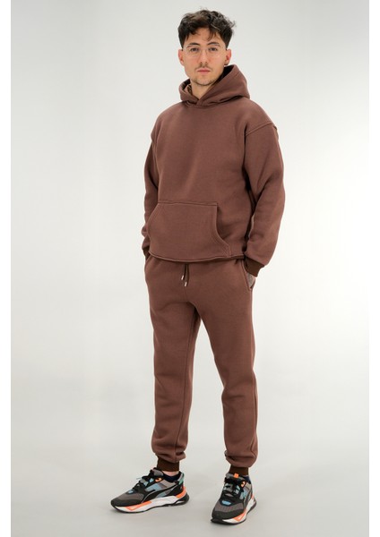 Erkek Kahverengi Eşofman Takımı Rahat Kesim 3 Iplik Şardonlu Kapüşonlu Ipli Ribana Bel fiyatları