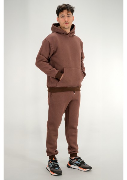 Erkek Kahverengi Eşofman Takımı Rahat Kesim 3 Iplik Şardonlu Kapüşonlu Ipli Ribana Bel indirimleri