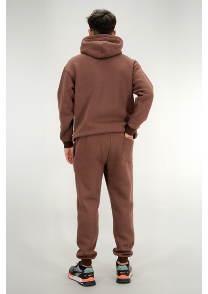 Erkek Kahverengi Eşofman Takımı Rahat Kesim 3 Iplik Şardonlu Kapüşonlu Ipli Ribana Bel