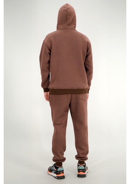 Erkek Kahverengi Eşofman Takımı Rahat Kesim 3 Iplik Şardonlu Kapüşonlu Ipli Ribana Bel