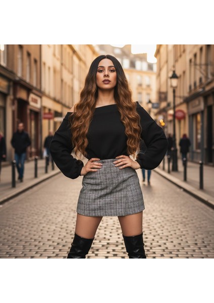 Fiber Sentetik Uzun Su Dalgası Peruk / Siyah / Karamel Ombreli