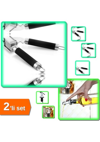 Lüx Çelik Sarımsak Ezici + Kapaklı Şişe Ucu Servis Aparatı - 2li Set QW789