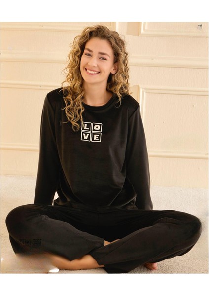 Kadın Kışlık Bisiklet Yaka Kadife Pijama Takımı 13166S - 1 Adet