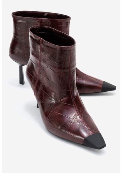 Rassel Bordo Baskı Mat Burunlu Kadın Ince Topuklu Bot