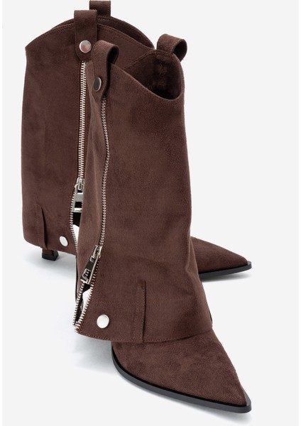 Lola Kahverengi Süet Fermuarlı Sivri Burunlu Kadın Topuklu Bot