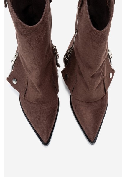 Lola Kahverengi Süet Fermuarlı Sivri Burunlu Kadın Topuklu Bot fiyatları