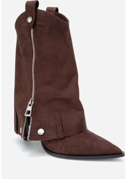 Lola Kahverengi Süet Fermuarlı Sivri Burunlu Kadın Topuklu Bot modelleri