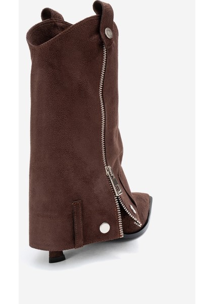 Lola Kahverengi Süet Fermuarlı Sivri Burunlu Kadın Topuklu Bot indirimleri