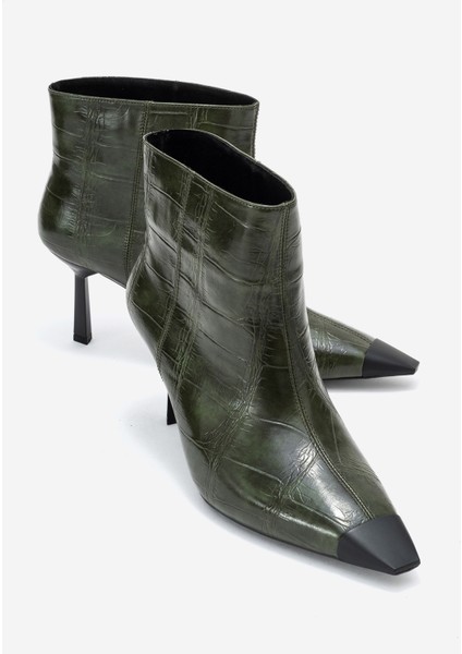 Rassel Yeşil Baskı Mat Burunlu Kadın Ince Topuklu Bot