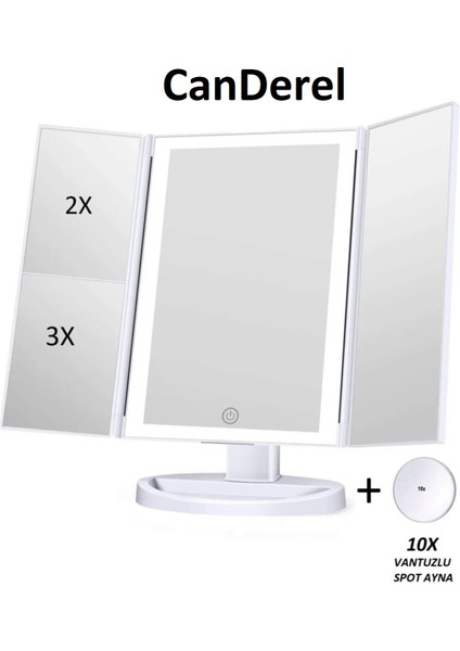 24 LED Işıklı Masa Üstü Profesyonel Makyaj Aynası Katlanabilir 1X-2X-3X+10X Hd Zoomlu Beyaz