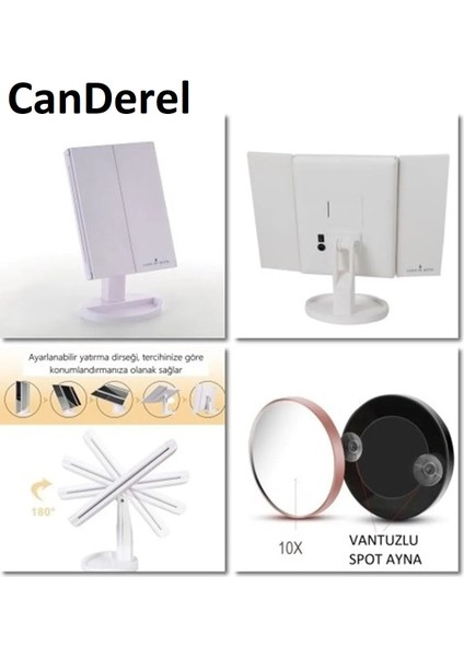 24 LED Işıklı Masa Üstü Profesyonel Makyaj Aynası Katlanabilir 1X-2X-3X+10X Hd Zoomlu Beyaz