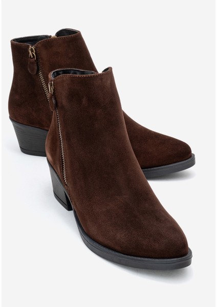 Jayer Kahverengi Süet Hakiki Deri Fermuarlı Kadın Topuklu Bot
