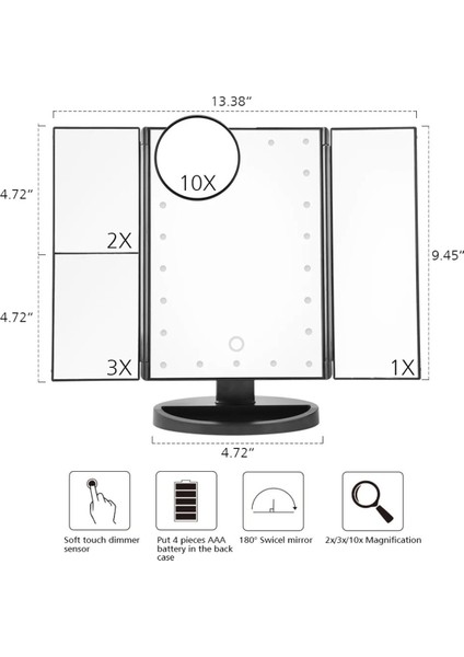 24 LED Işıklı Masa Üstü Profesyonel Makyaj Aynası Katlanabilir 1X-2X-3X+10X Hd Zoomlu Siyah modelleri
