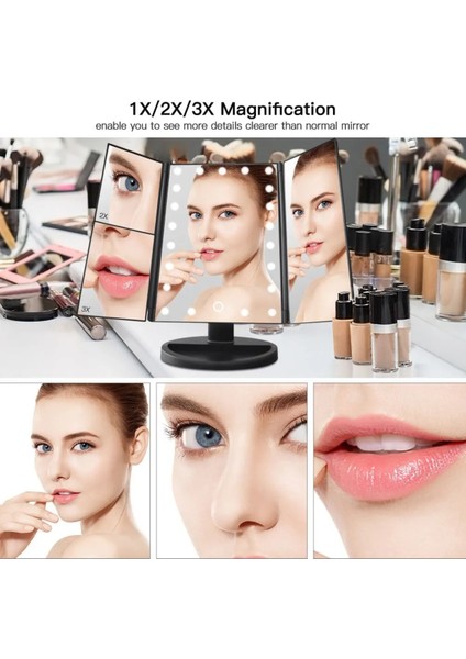24 LED Işıklı Masa Üstü Profesyonel Makyaj Aynası Katlanabilir 1X-2X-3X+10X Hd Zoomlu Siyah