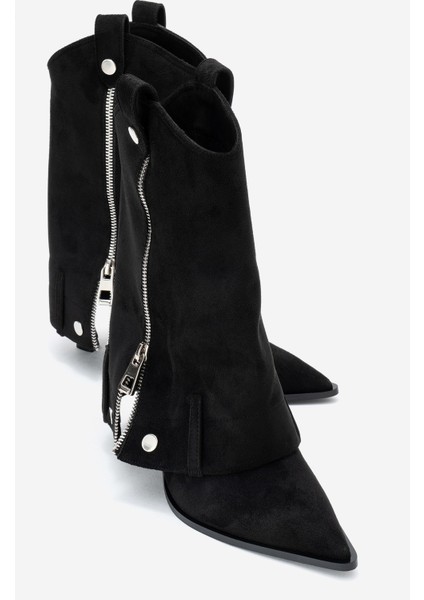 Lola Siyah Süet Fermuarlı Sivri Burunlu Kadın Topuklu Bot