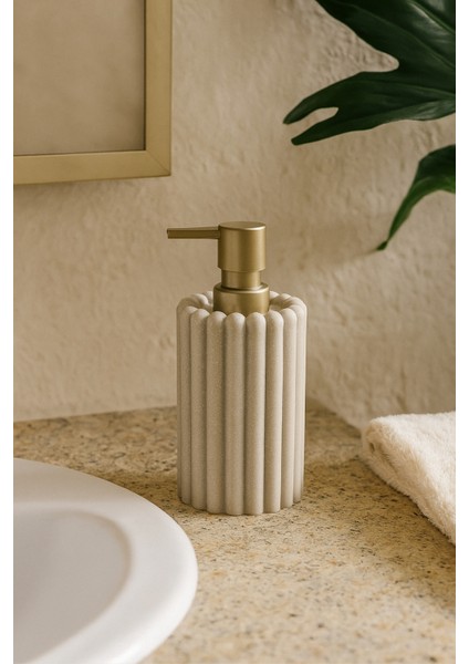 Krem Polyresin Sıvı Sabunluk | Modern Çizgili Tasarım 375 ml Banyo Aksesuarı 7,5 x 18 cm