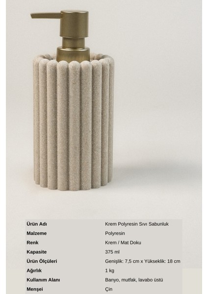 Krem Polyresin Sıvı Sabunluk | Modern Çizgili Tasarım 375 ml Banyo Aksesuarı 7,5 x 18 cm fiyatları