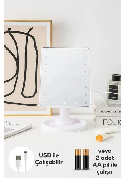 Ayarlanabilir Hazneli 16 LED Işıklı Makyaj Aynası USB Girişli Pilli