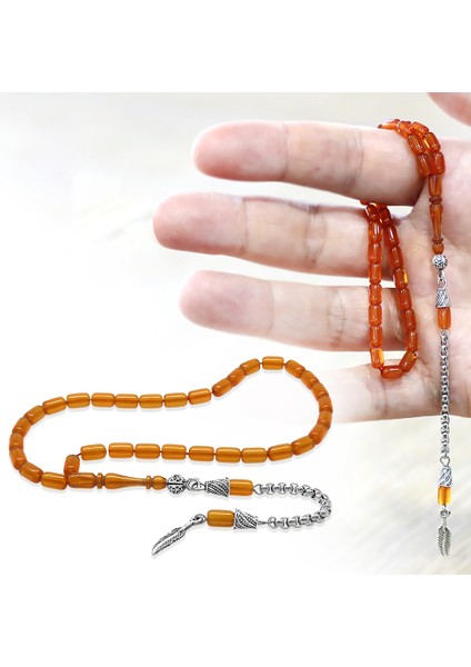 Ateş Kehribar Tesbih - Kararmaz Metal Püsküllü - Mini Boy - Turuncu Renk - Kapsül Kesim fiyatları