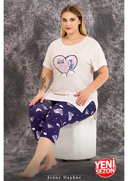 Lady Büyük Beden Gece Desenli Kısa Kollu Kapri Pijama Takımı