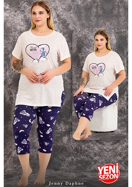 Lady Büyük Beden Gece Desenli Kısa Kollu Kapri Pijama Takımı modelleri