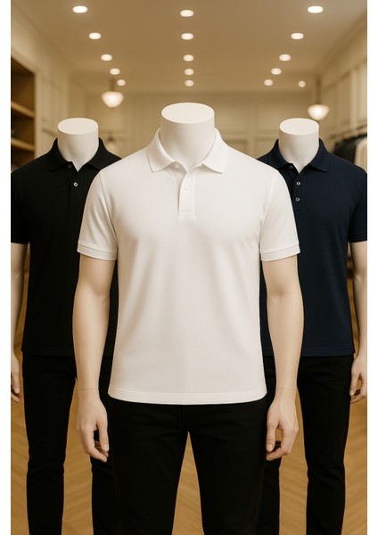 Erkek Giyim %100 Pamuklu Beyaz & Siyah & Koyu Lacivert 3 Adet Polo Yaka Tişört LL.DINC3LU.001