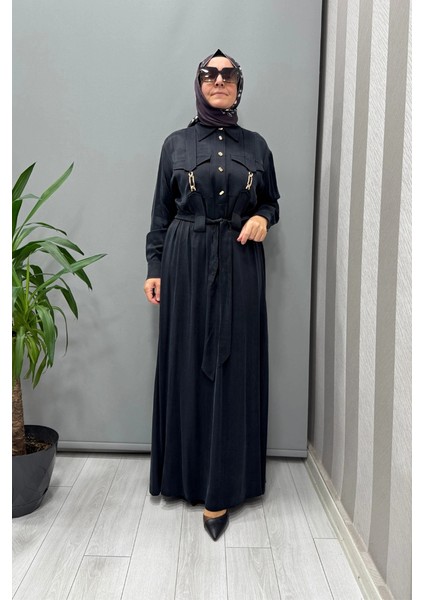 Cep Detaylı Ipek Cupro Elbise Siyah 5005