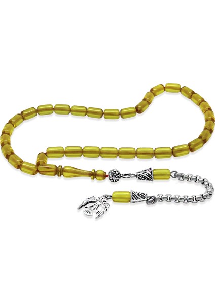 Ateş Kehribar Tesbih - Kararmaz Metal Püsküllü - Sarı Renk - Mini Boy - Kapsül Kesim